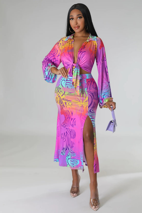 Sexy Lace up Long Sleeved Cardigan Popular Floral Print Slit  Two Piece Set