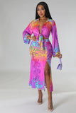 Sexy Lace up Long Sleeved Cardigan Popular Floral Print Slit  Two Piece Set