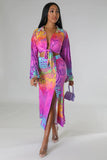 Sexy Lace up Long Sleeved Cardigan Popular Floral Print Slit  Two Piece Set