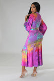 Sexy Lace up Long Sleeved Cardigan Popular Floral Print Slit  Two Piece Set