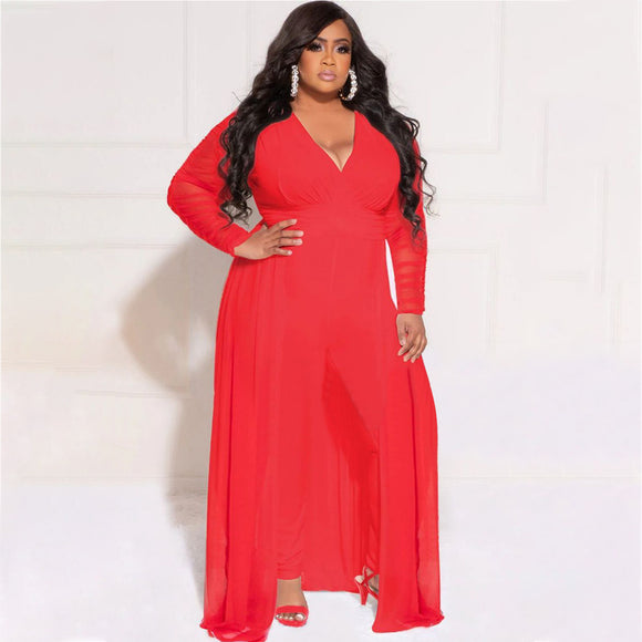 Popular Plus Size Woman Sexy V-neck Stitching Long Sleeve Solid Color Set