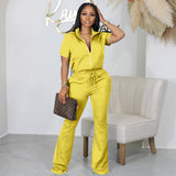 Women Clothing Spring Summer Short Sleeve Zipper Top Suit  Pants Casual Two Piece Suit