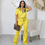 Women Clothing Spring Summer Short Sleeve Zipper Top Suit  Pants Casual Two Piece Suit