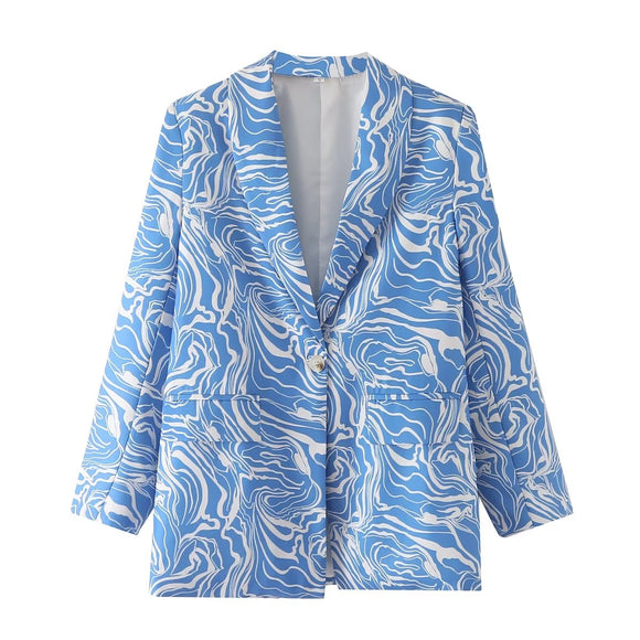 Casual Contrast Color Long Sleeve Blazer Winter Women Clothing Years Printed Slim One Button Top