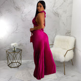 Women Clothing Halter Backless Artificial Silk Pleated Wide Leg Pants Two Piece Set