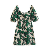 Fresh Printing Dress Slim Fit Fashionable Short Sweet Early Spring Square Collar Elastic A Line