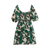 Fresh Printing Dress Slim Fit Fashionable Short Sweet Early Spring Square Collar Elastic A Line