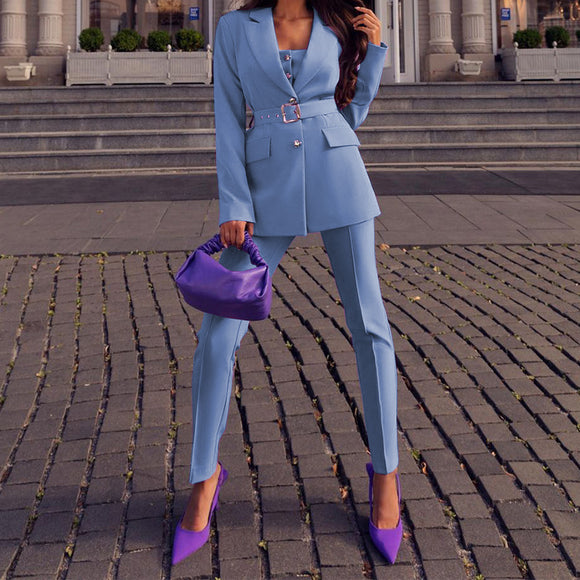 Women Clothing Autumn Women Coat Stylish Long Sleeves Belt Suit Two Piece Suit