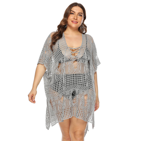Plus Size Women Clothing Loose Irregular Asymmetric Hollow Out Cutout out See-through Beach Beach Cover Up