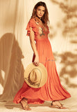 Women Summer Color Flower Embroidery Perspective Belted Big Dress Goddess Fan Dress