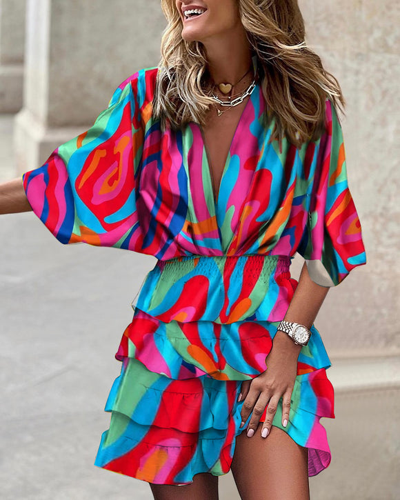 Women's Batman Sleeve V Neck Irregular Hem Dress