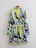 Women Clothing Summer Casual Collared Long Sleeve Printed Shirt Dress Lace-up Dress