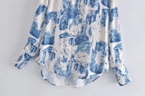 Fall Satin Architectural Printing Front Short Back Length Loose Casual Long Sleeves Shirt Top