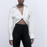 Winter Women Clothing Polo Collar Solid Color Double Pocket Knotted Short Long Sleeve