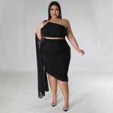 Plus Size  Women Wear High Elastic Diagonal Collar Long Train Sleeve Wrinkle Two Piece Set