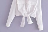 Spring Single Breasted Cardigan Long Sleeve Collared Loose Knotted Women Shirt Top