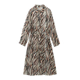 Spring Long Sleeve Collared Waist Tight Slimming Animal Pattern Printed Shirt Dress
