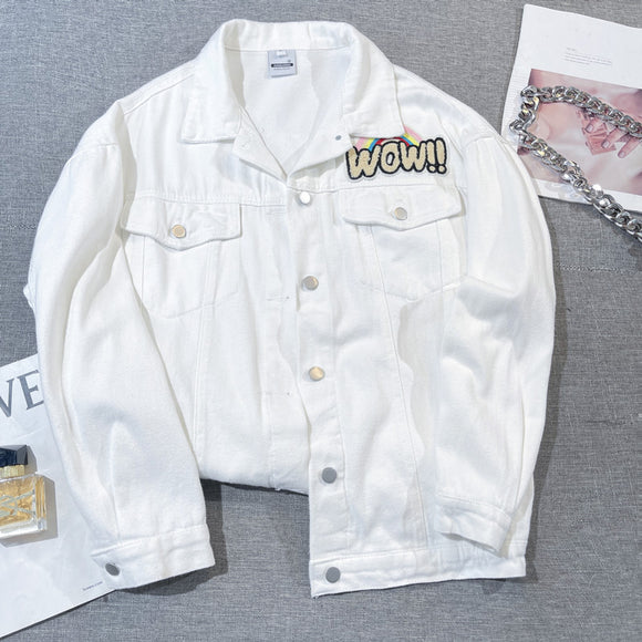 New White Flocked Bear Denim Coat Women Loose Versatile Top Fashion