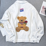 New White Flocked Bear Denim Coat Women Loose Versatile Top Fashion