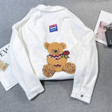 New White Flocked Bear Denim Coat Women Loose Versatile Top Fashion