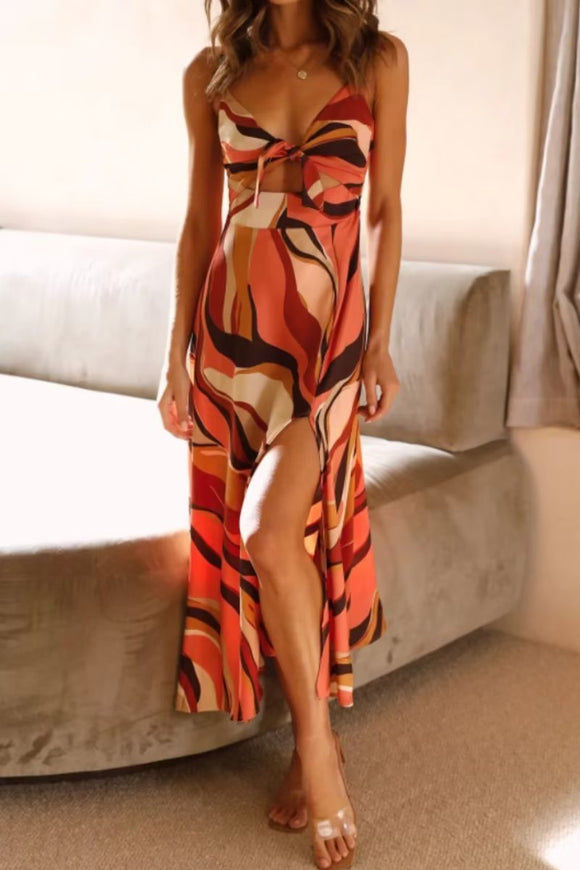 Women Clothing Sexy Sling Slit Abstract Pattern Maxi Dress