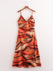 Women Clothing Sexy Sling Slit Abstract Pattern Maxi Dress