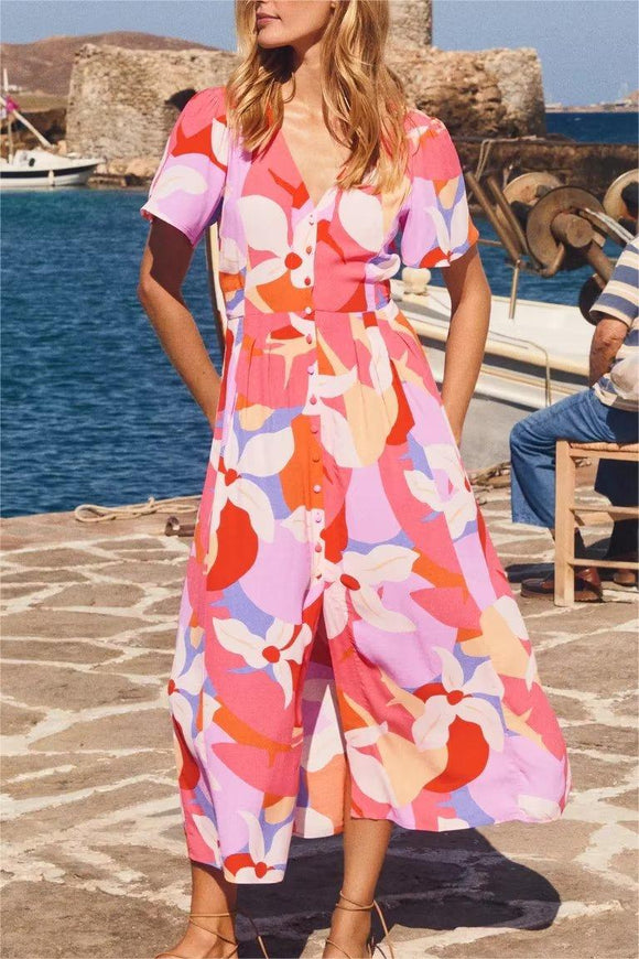 Women Summer Printed Bohemian Sleeveless Ruffled Shirt  Dress