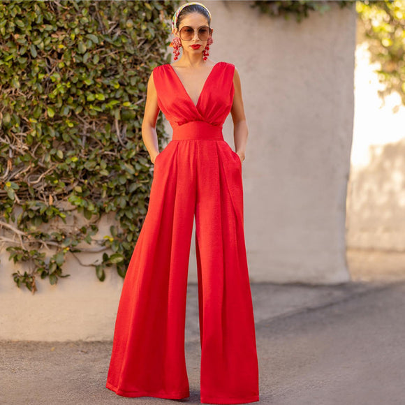 Women  Clothing Summer Elegant Slim High Waist Solid Color Jumpsuit