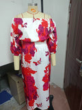 Plus Size Women Clothing Popular Stitching Printing Off Shoulder Cinched Dress