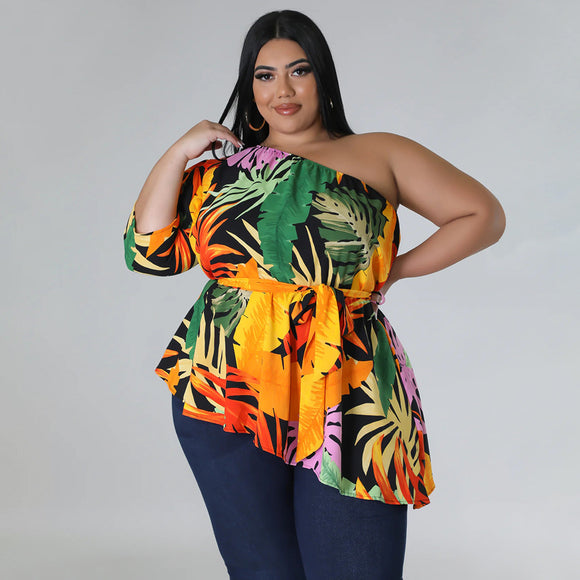 Spring Summer Printed Women Clothing Shoulder Long Sleeve Lace Up Top