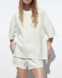 Summer Women Stretch High Waist Shorts   Loose Cotton Short Sleeve T shirt