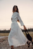 Women  Embroidered Maxi Dress Spring Summer Blouse Collar Dress  with Belt