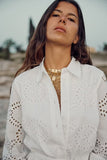 Women  Embroidered Maxi Dress Spring Summer Blouse Collar Dress  with Belt