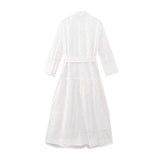 Women  Embroidered Maxi Dress Spring Summer Blouse Collar Dress  with Belt