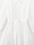 Women  Embroidered Maxi Dress Spring Summer Blouse Collar Dress  with Belt