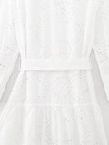 Women  Embroidered Maxi Dress Spring Summer Blouse Collar Dress  with Belt
