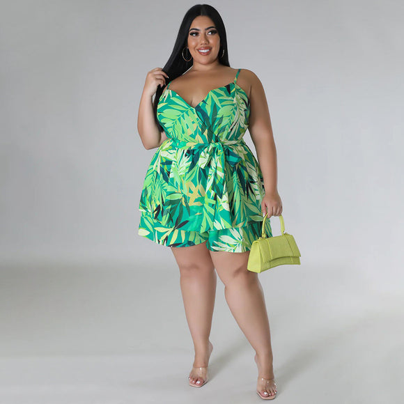 Plus Size Summer V Neck Printed Strap Lace Up Cinched Casual Two Piece Suit Women