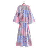 Bohemian Spring Vacation Women Turquoise Positioning Printing Lace up Rayon Kimono Women