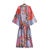 Bohemian Spring Vacation Women Turquoise Positioning Printing Lace up Rayon Kimono Women