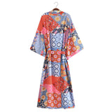 Bohemian Spring Vacation Women Turquoise Positioning Printing Lace up Rayon Kimono Women