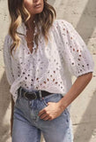 Summer Women Long Sleeve Hollow Out Cutout Embroidered White Shirt