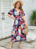 Summer Short Sleeve V Neck Fragmented Flower Dress Super Slim Fit Long Dress Large Women Dress