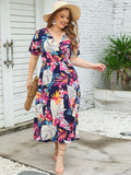 Summer Short Sleeve V Neck Fragmented Flower Dress Super Slim Fit Long Dress Large Women Dress