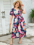 Summer Short Sleeve V Neck Fragmented Flower Dress Super Slim Fit Long Dress Large Women Dress