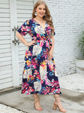Summer Short Sleeve V Neck Fragmented Flower Dress Super Slim Fit Long Dress Large Women Dress