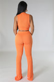 Women Casual Set Solid Color Rib Fabric Sleeveless Bootcut Trousers Two Piece Set