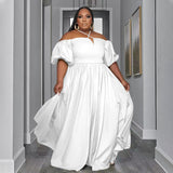 Plus Size Summer Autumn Collection Solid Color Sexy Strapless Halterneck Women Stylish Loose Short Sleeve Dress