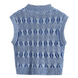 Women Washed Distressed Effect Short Knitted Sweater Vest Jacket Top