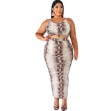 Plus Size Women Leopard Print Sling Mid-Length Dress Set Skinny Sheath Sexy Two-Piece Suit