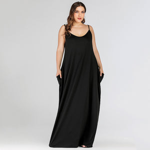 Plus Size Summer  Women Clothing Solid Color Loose Double Pocket Strap Maxi Dress
